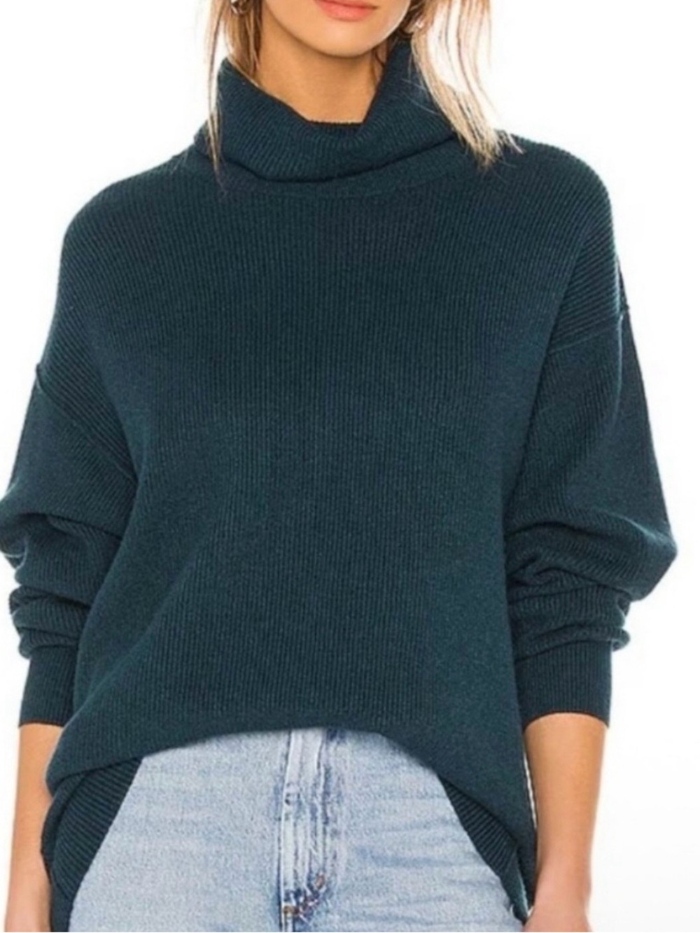 Free People Teal Oversized Turtleneck Sweater XS Cozy Slouchy